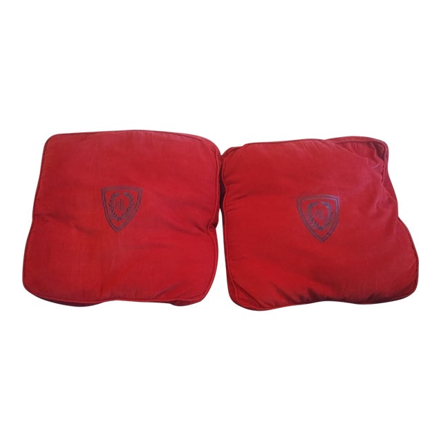 1990s Ralph Lauren Pair of Large Throw Pillows Navy Embroidered Crest Red Corduroy Holiday Christmas For Sale