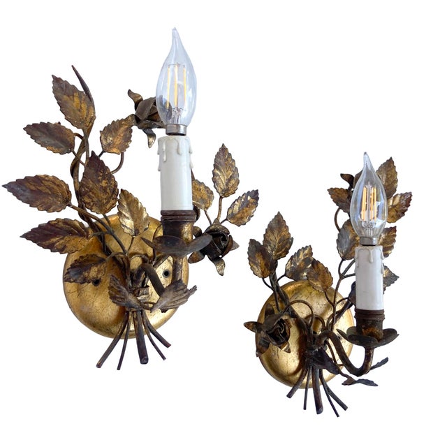 Metal Vintage Florentine Gold Gilt Metal Rose Sconces - a Pair For Sale - Image 7 of 14