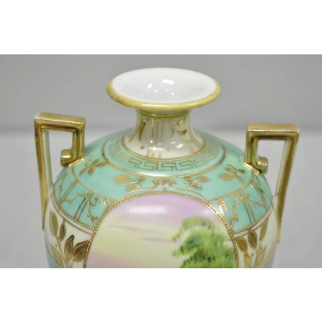 Antique Nippon Hand Painted Porcelain Windmill Scene Green Small Bolted Vase For Sale - Image 4 of 13