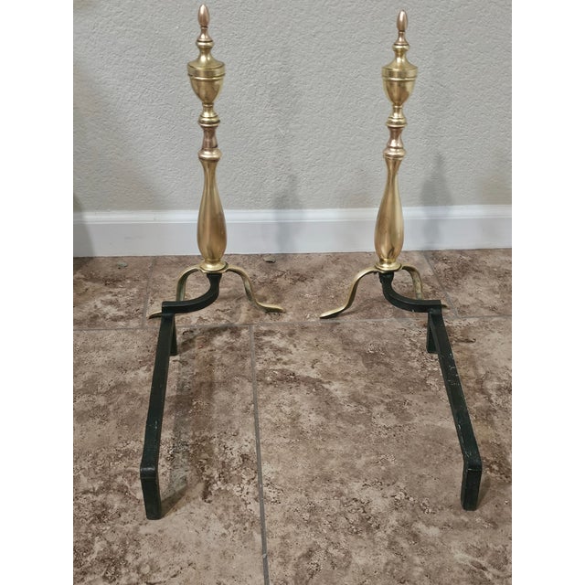 English Pair of Classic Solid Brass Andirons With Urn Finials For Sale - Image 3 of 5