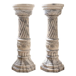 Pair of Vintage Neoclassical Carved Marble Pedestals With Spiral Columns For Sale