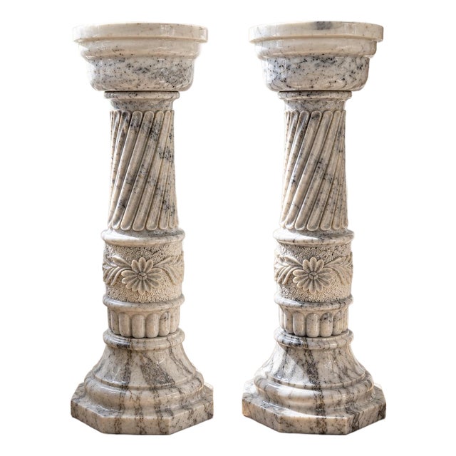 Pair of Vintage Neoclassical Carved Marble Pedestals With Spiral Columns For Sale
