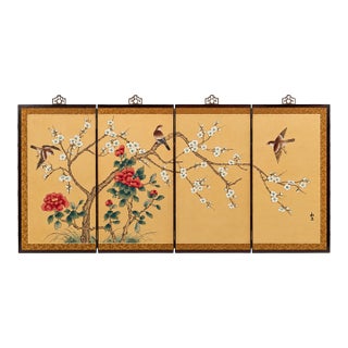 The Poetry of Spring – Vintage Chinese Four-Panel Folding Screen, Hong Kong, Circa 1960s For Sale