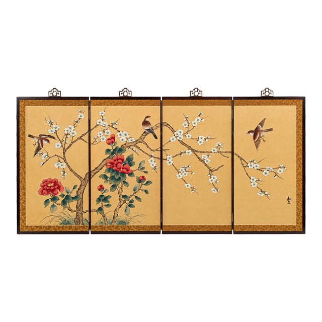 The Poetry of Spring – Vintage Chinese Four-Panel Folding Screen, Hong Kong, Circa 1960s For Sale