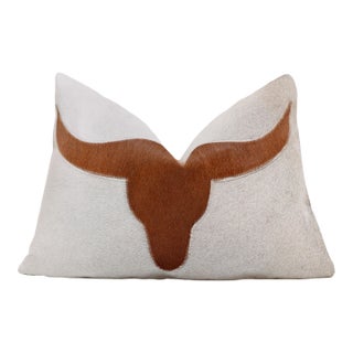 Luxury Longhorn Cowhide Leather Throw Pillow 16x24 | Handmade Western Designer Lumbar Cushion For Sale