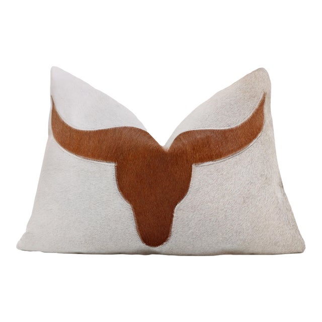 Luxury Longhorn Cowhide Leather Throw Pillow 16x24 | Handmade Western Designer Lumbar Cushion For Sale