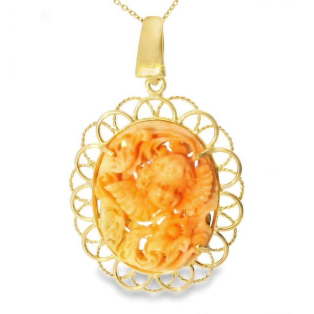 Traditional Late 20th Century 14K Gold Filigree Red Coral Cameo Reversible Angel Pendant Slide Estate For Sale - Image 3 of 3