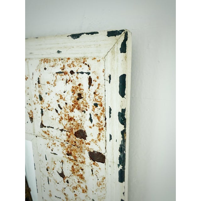 Farmhouse Distressed White Embossed Metal & Wood Wall Mirror | Rustic Farmhouse | French Country | 20.5" Square For Sale - Image 3 of 7