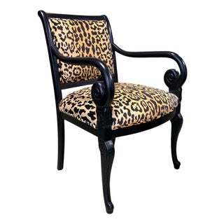 Elegant Vintage French Style Black Lacquer Wood Armchair W/Animal Print For Sale
