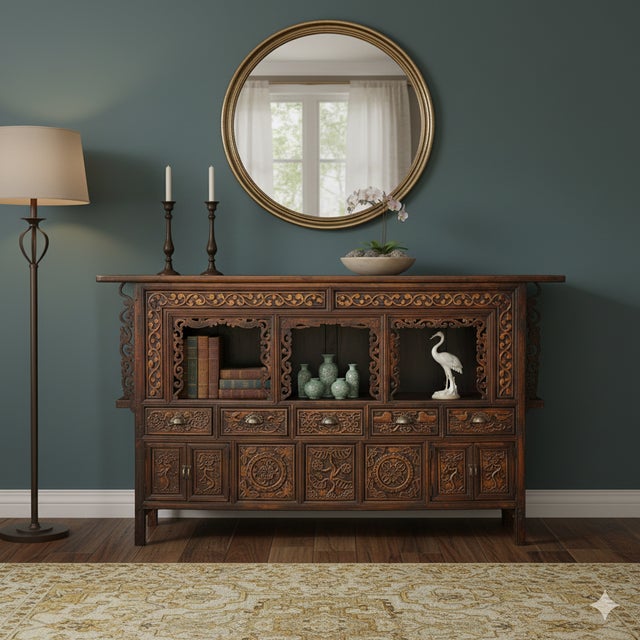 Chinese Vintage Relief Carving Long Shrine Altar Table Cabinet For Sale - Image 15 of 17