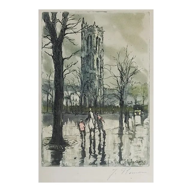 Mid 20th Century La Tour Saint Jacques Colored Etching For Sale
