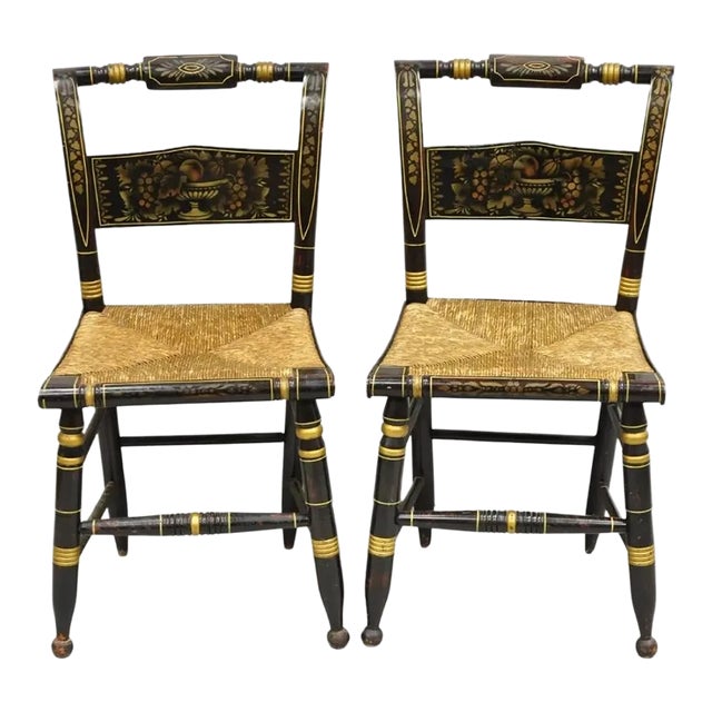 Late 19th Century Antique Hitchcock Black and Gold Harvest Stencil Rush Side Chairs - a Pair For Sale