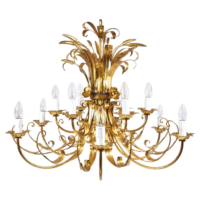 Hollywood Regency Wheat Floral Bouquet Gilt Iron Chandelier by Hans Kögl, 1970s For Sale