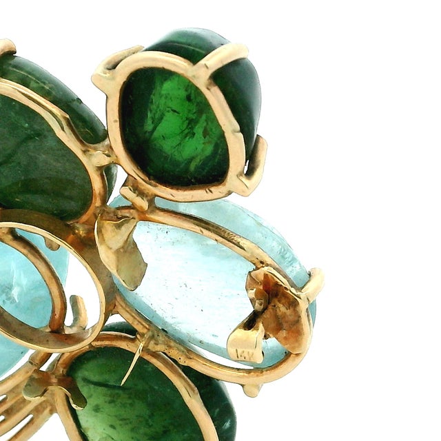 Italian Mid-Century Convertible Aquamarine & Green Tourmaline 14k Brooch Ring For Sale In Miami - Image 6 of 14