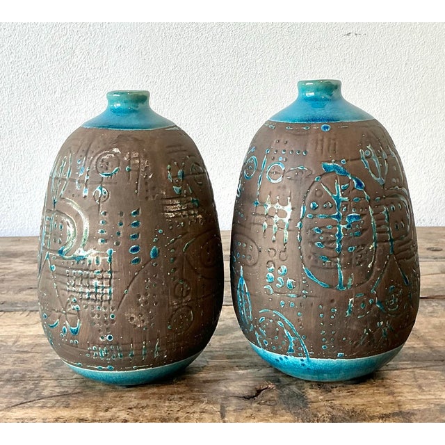 Vintage Glazed Ceramic Scored Vases - A Pair For Sale - Image 11 of 12