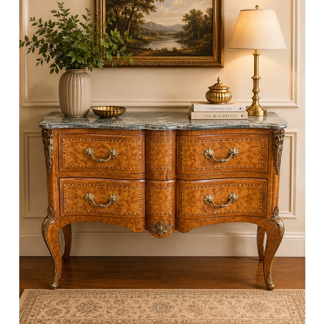 Mid-19th century Louis XVI-style walnut commode featuring intricate parquetry, refined ormolu mounts, and a rich marble...