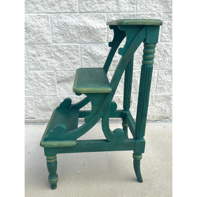 Mid 20th Century Tuscany Italian Country Carved &Amp; Distressed Green Painted Wood 3-Step Library Ladder For Sale - Image 5 of 11