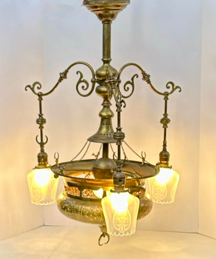 Vintage 4-Light Mughal-Style Pierced Brass Chandelier With