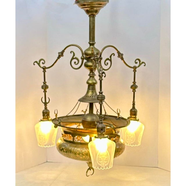 Islamic Vintage 4-Light Mughal-Style Pierced Brass Chandelier With Crescent Motif For Sale - Image 3 of 12