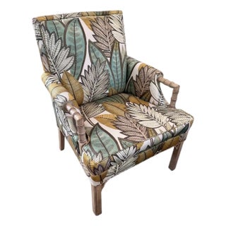 Hollywood Regency Faux Bamboo Balata Fabric Casamance Palm Leaf Arm Chair For Sale