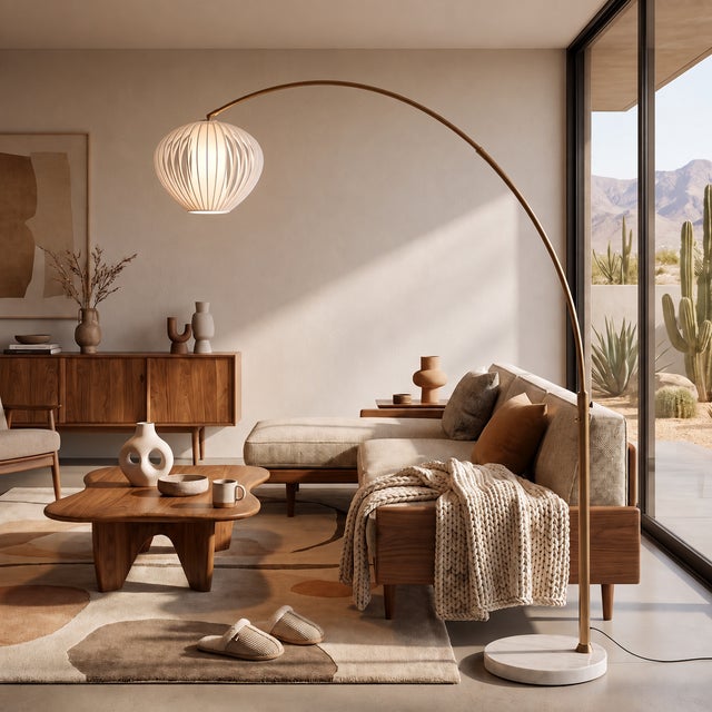 Nova Float Arc Floor Lamp, Weathered Brass, White Satin Shade, Marble Base, 92" Height For Sale - Image 4 of 5