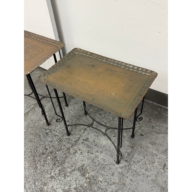 Egyptian Vintage Brass Tray + Wrought Iron Side Tables, Pair For Sale - Image 9 of 12