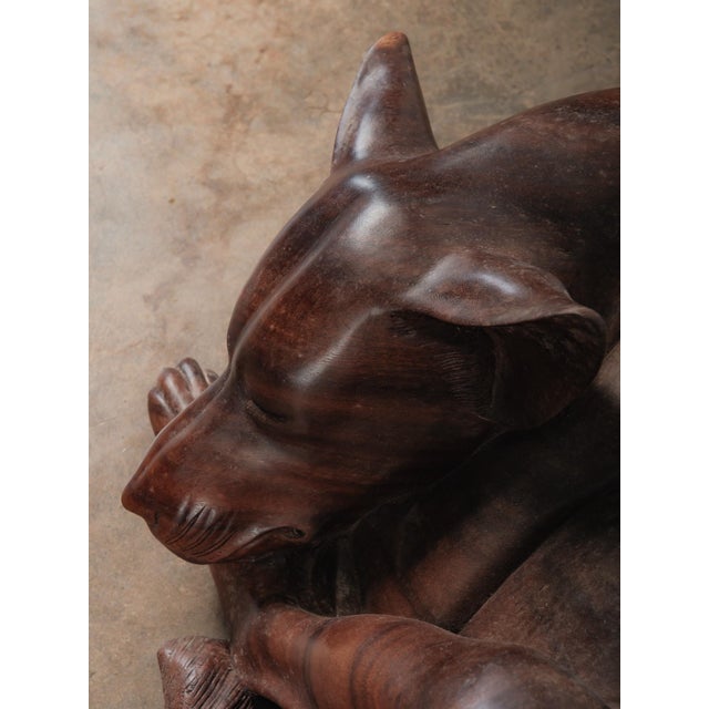 2020s Hand-Carved Wooden Sleeping Dog Sculpture in Curled Resting Form For Sale - Image 5 of 5