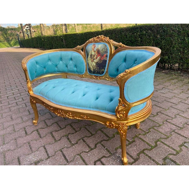 1970 French Louis XVI Gold Beech Velvet Settee - 1 Pc For Sale - Image 14 of 15