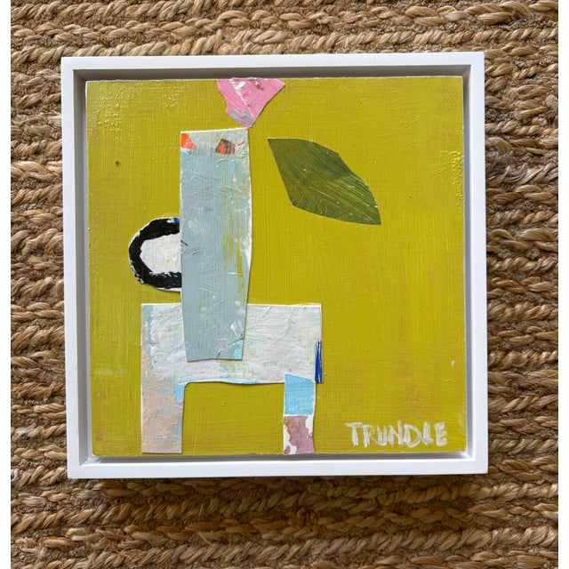 Acrylic and mixed media collage on cradled wood panel, 8 x 8 x .75. White floater frame. Back wired, ready to hang.