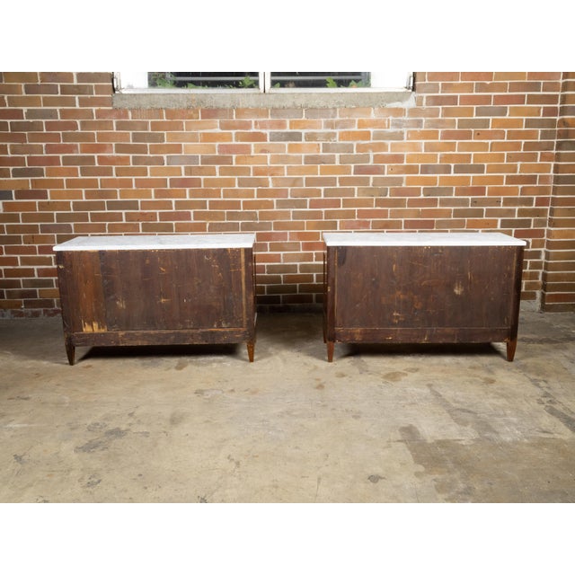 Wood Pair of French 19th Century Three-Drawer Walnut Commodes with White Marble Tops For Sale - Image 7 of 12