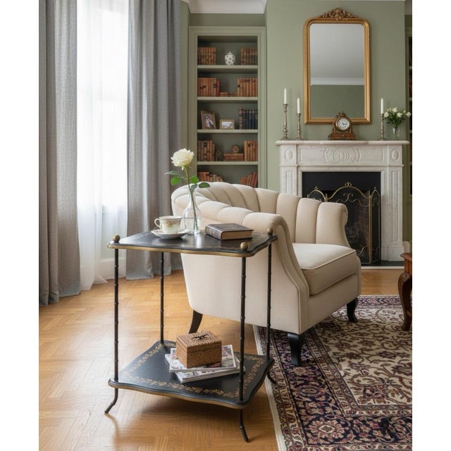 Vintage Hollywood Regency Faux Metal Bamboo Two-Tier Occasional Table With Gilt Laurel Detail For Sale In West Palm - Image 6 of 8