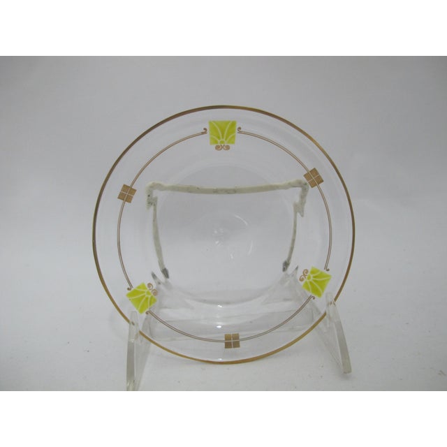 Very fine crystal set of 5 small bowls. Mid century modern gilt and green enamel design. Each measures 1/2" tall x 4 3/4"....