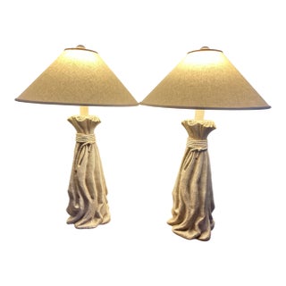 Authentic Tall “Pieri Tullio” 1995 Branded Pieri Creations “Draped Sack” Collectable Design Table Lamps- Pristine Pair With Original Shades For Sale
