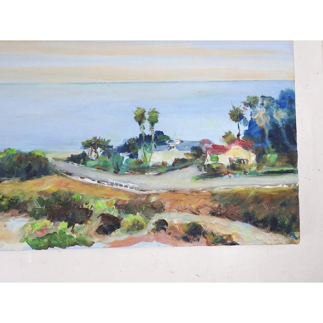 Late 20th century impressionist oil on canvas coast beach landscape painting. Unsigned. Unframed.