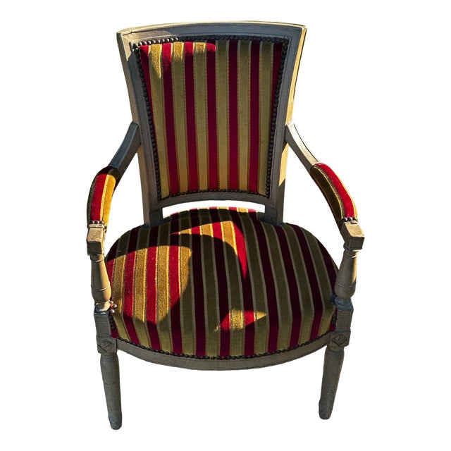 Louis XVI Cabriolet Armchair in Patinated Wood and Striped Velvet For Sale