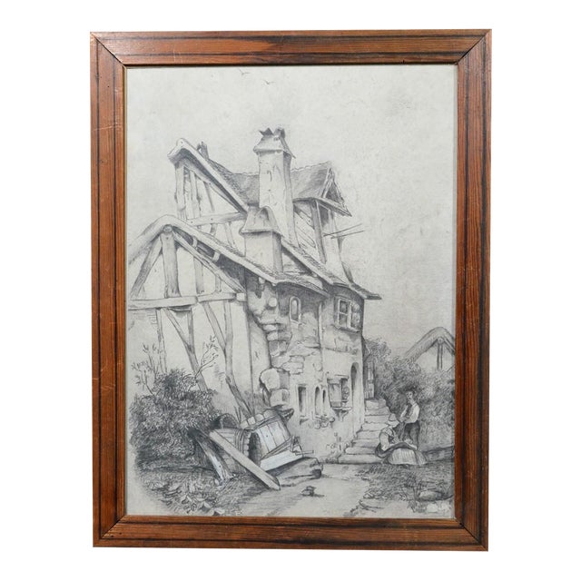 Attributed to Jacques Moulinier (1753–1828) Charcoal Drawing — Figures Before a Half-Timbered House For Sale