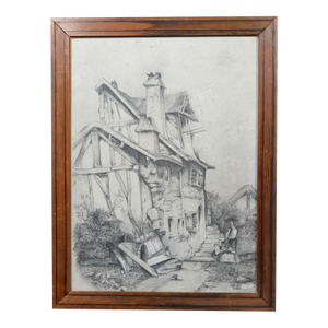 Attributed to Jacques Moulinier (1753–1828) Charcoal Drawing — Figures Before a Half-Timbered House