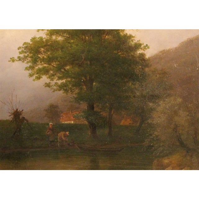 Walther Wünnenberg, Evening Landscape with Boat and Figures, 19th Century, Oil on Wood, Framed For Sale - Image 6 of 6