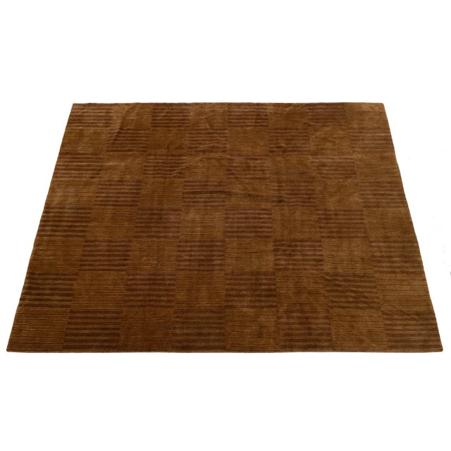 Modern Nepalese Tibetan Wool & Silk Rug With Minimalist Brown Stripes Design For Sale - Image 4 of 9