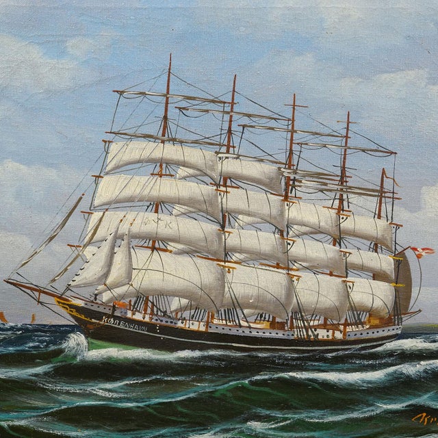 Nautical Marine Oil Painting - Five-Masted Barque Off Kronborg Kristian Hansen, 1950s For Sale - Image 3 of 5