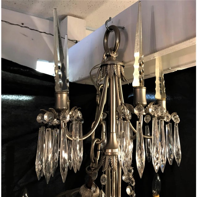 Vintage Ten Arm Nickel and Crystal Chandelier For Sale - Image 10 of 13