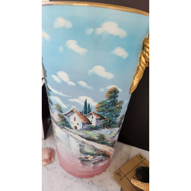 Mediterranean Vintage Hand-Painted Ceramic Umbrella Stand / Floor Vase For Sale - Image 3 of 18