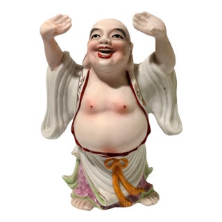 1960s Porcelain Laughing Buddha Figurine, Hand-Painted Hotei Figure For Sale