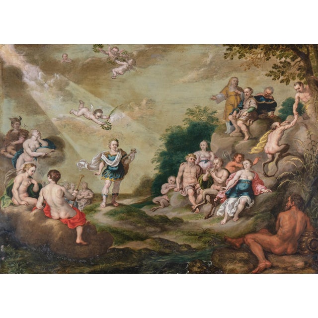 An early 17th-century oil on copper showing the mythological contest between Apollo and Pan in which the mountain god,...
