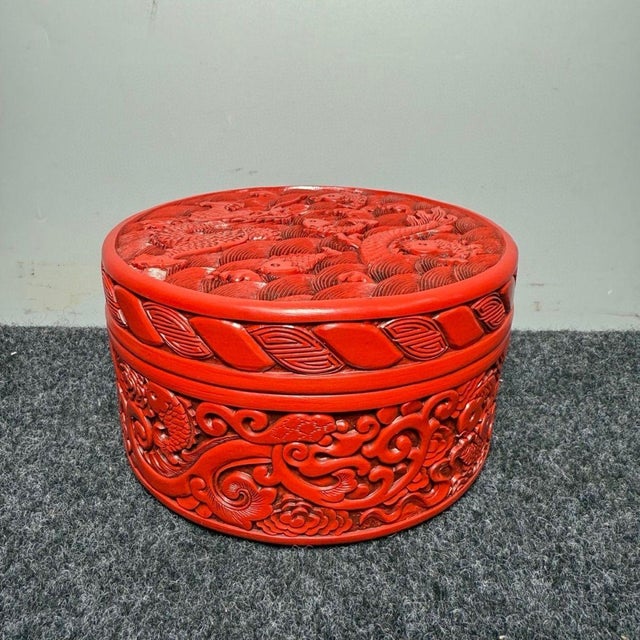 Red 1970s Carved Cinnabar Lacquer Round Box, Dragon and Carp Among Waves, Lidded Scholar's Seal Paste Box For Sale - Image 8 of 9