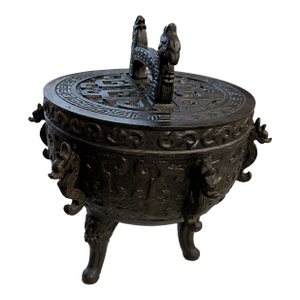 Vintage 1970s Postmodern Asian-Inspired Cast Metal Ice Bucket With Dragon Handles, 12”