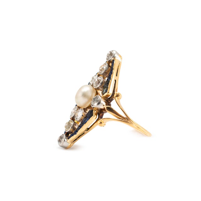 Art Nouveau Platinum 18k Gold 1.77ctw Pearl Sapphire Diamond Navette Ring, Size 4.25 For Sale - Image 4 of 8