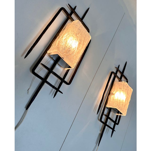 Large Brutalist Wrought Iron and Glass Sculptural Wall Lamps from Honsel-Leuchten, West Germany 1960s, Set of 2 For Sale - Image 12 of 18