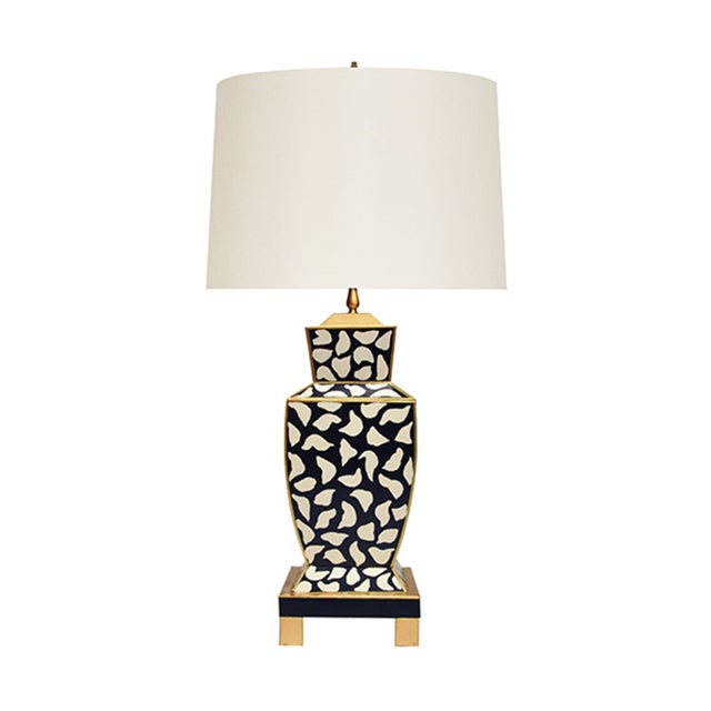 Worlds Away Matthew Izzo Home Bianca Handpainted Metal Tole in Black and Cream Leopard Table Lamp With Brass Base and Linen Shade For Sale - Image 4 of 4