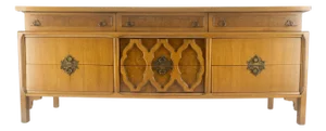 Asian Inspired Light Walnut 9 Drawers Long Mid Century Dresser Credenza